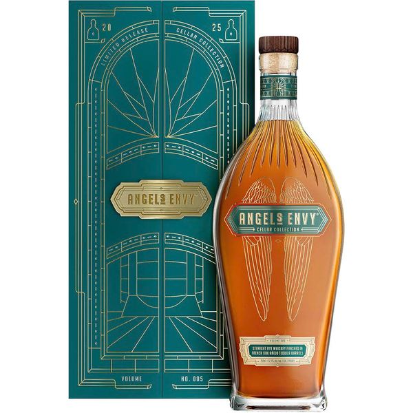 Bottle of Angels Envy bourbon with a teal box on a white background