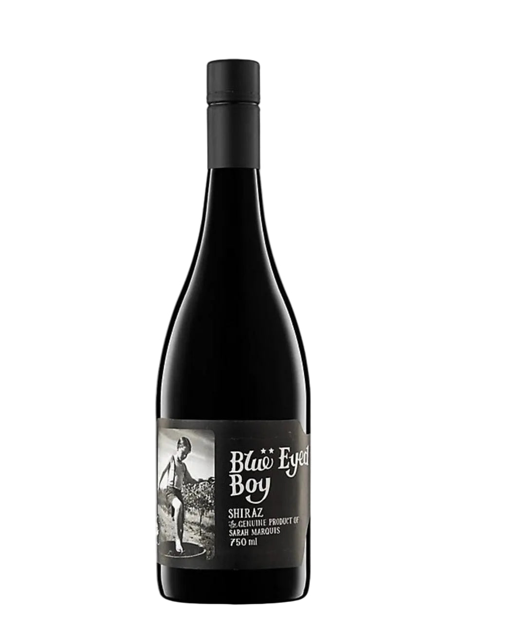 Wine bottle labeled 'Blu Eyed Boy' on a white background
