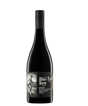 Wine bottle labeled 'Blu Eyed Boy' on a white background