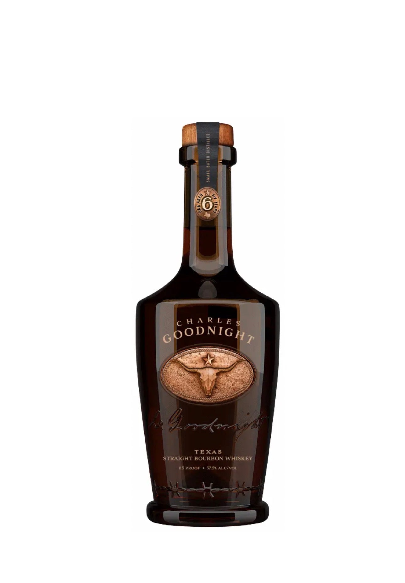 Bottle of Charles Goodnight whiskey on a white background