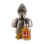 Bottle of Imperial Club whiskey with a decorative bottle stopper shaped like a knight in armor on a white background.