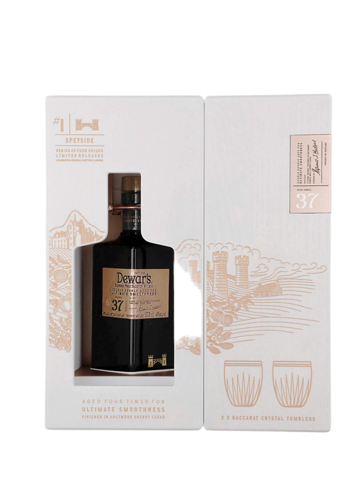 Dewar's Blended Scotch Double Double Aged For Ultimate Smoothness Aged 37 Yr 96 W/ 2 Baccarat Glasses