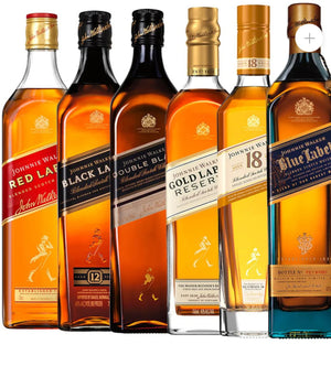 Johnny Walker family red label black label double black label gold label 18 years and the blue label six bottle bundle