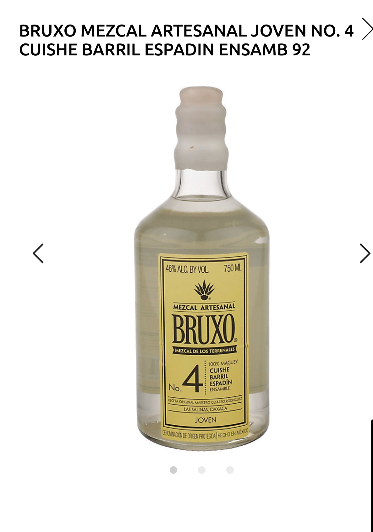 Bruxo Mezcal Artesanal Joven No. 4 Cuishe Barril Espadin Ensamble 92