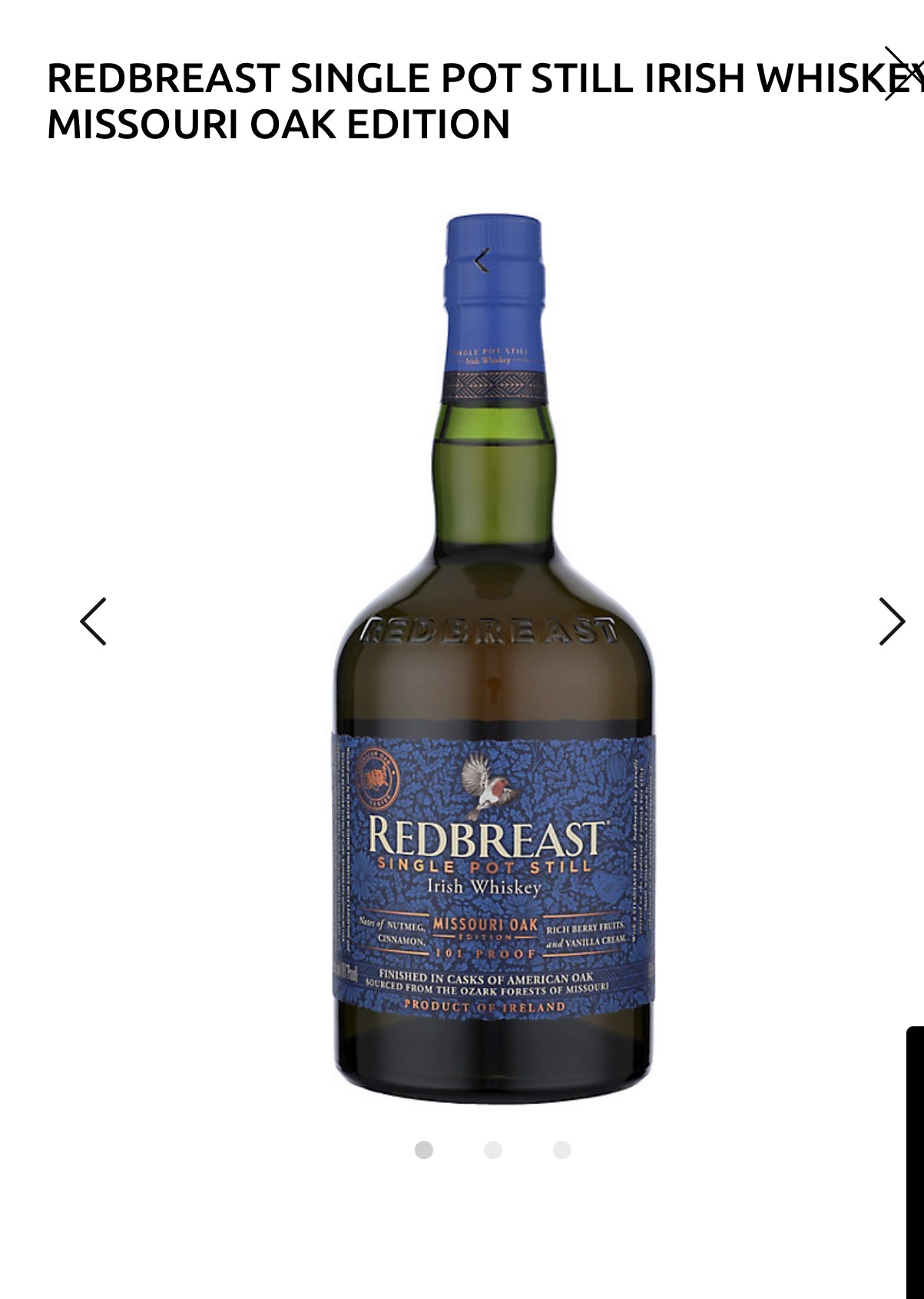 Redbreast Single Pot Still Irish Whiskey Missouri Oak Edition 101