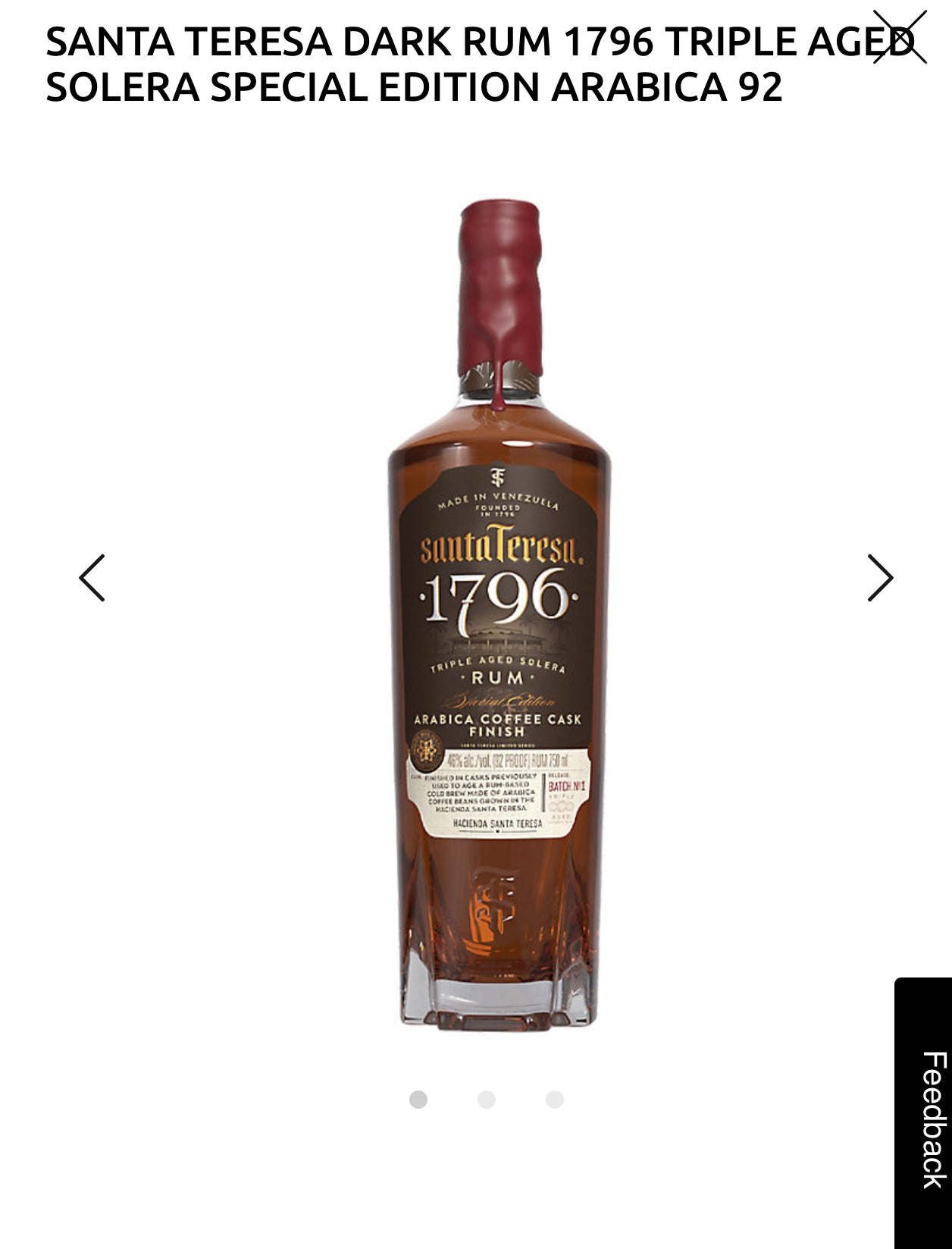 Santa Teresa Dark Rum 1796 Triple Aged Solera Special Edition Arabica Coffee Cask Finish 92