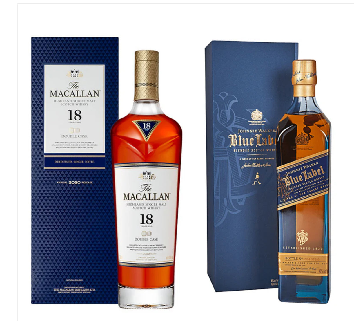 Johnny Walker blue label the macallan 18 years to bottle combo