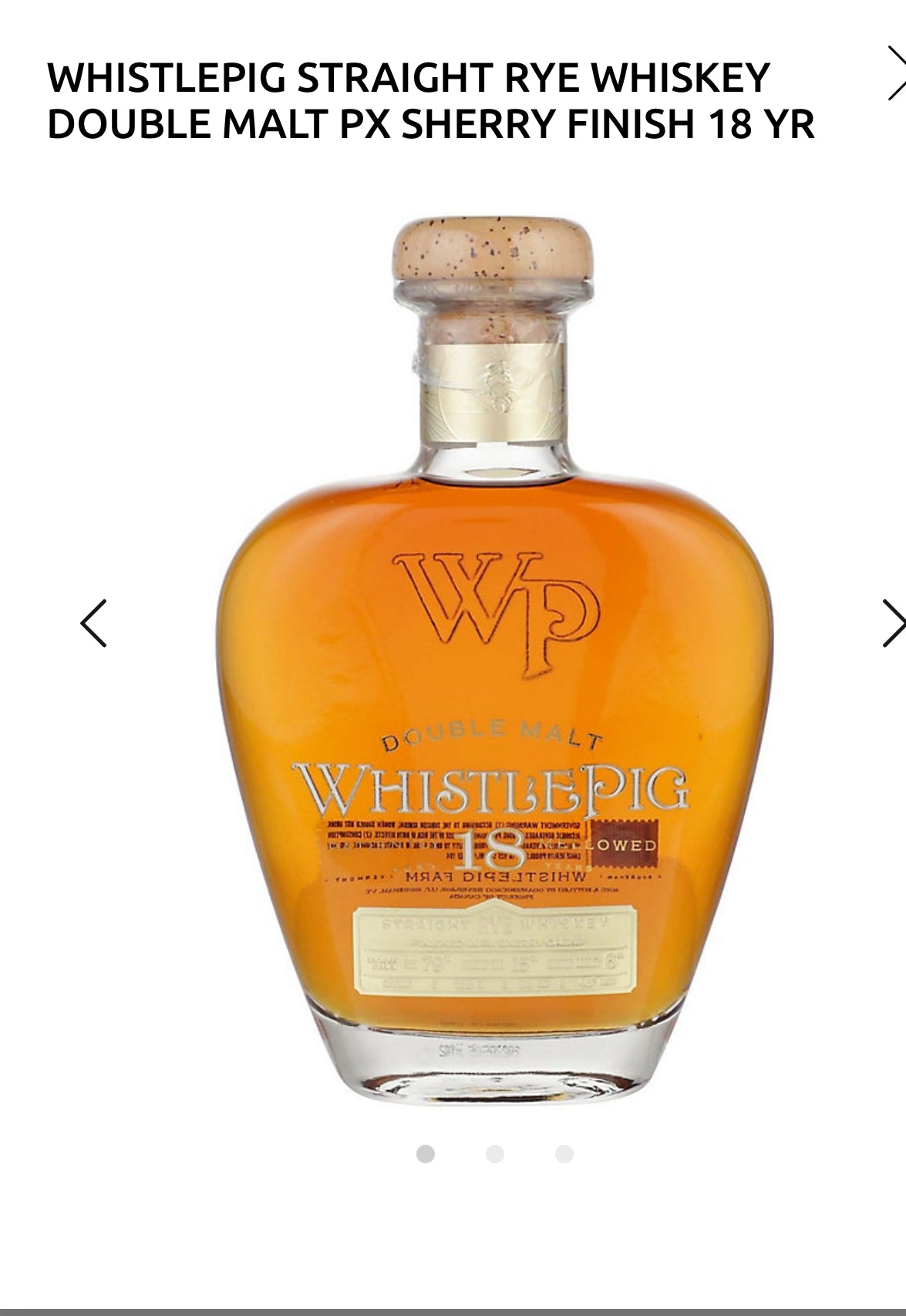 Whistlepig Rye Whiskey 4th Edition Double Malt Finished In Px Sherry Cask 18 Yr 92