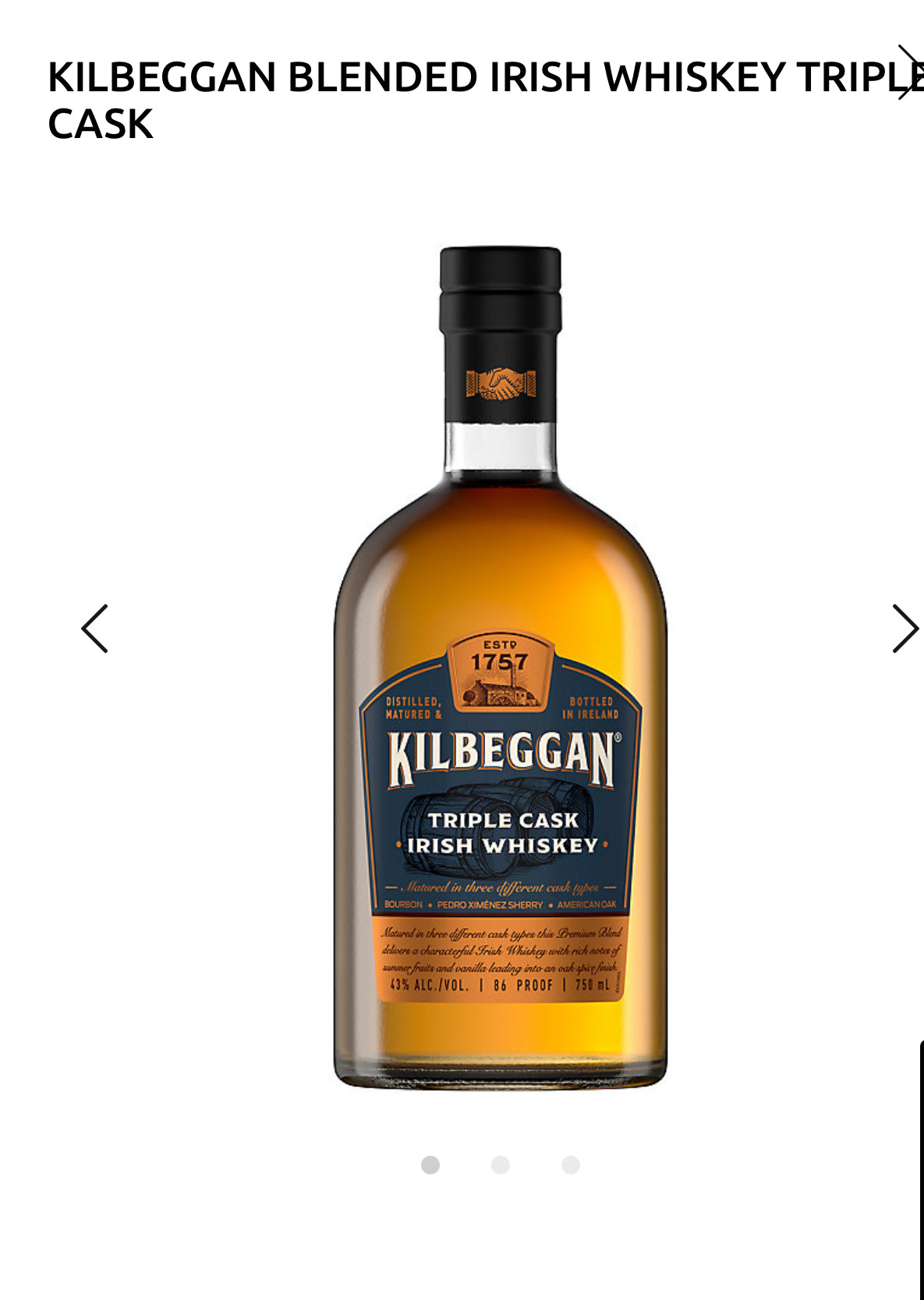 Kilbeggan Blended Irish Whiskey Triple Cask 86
