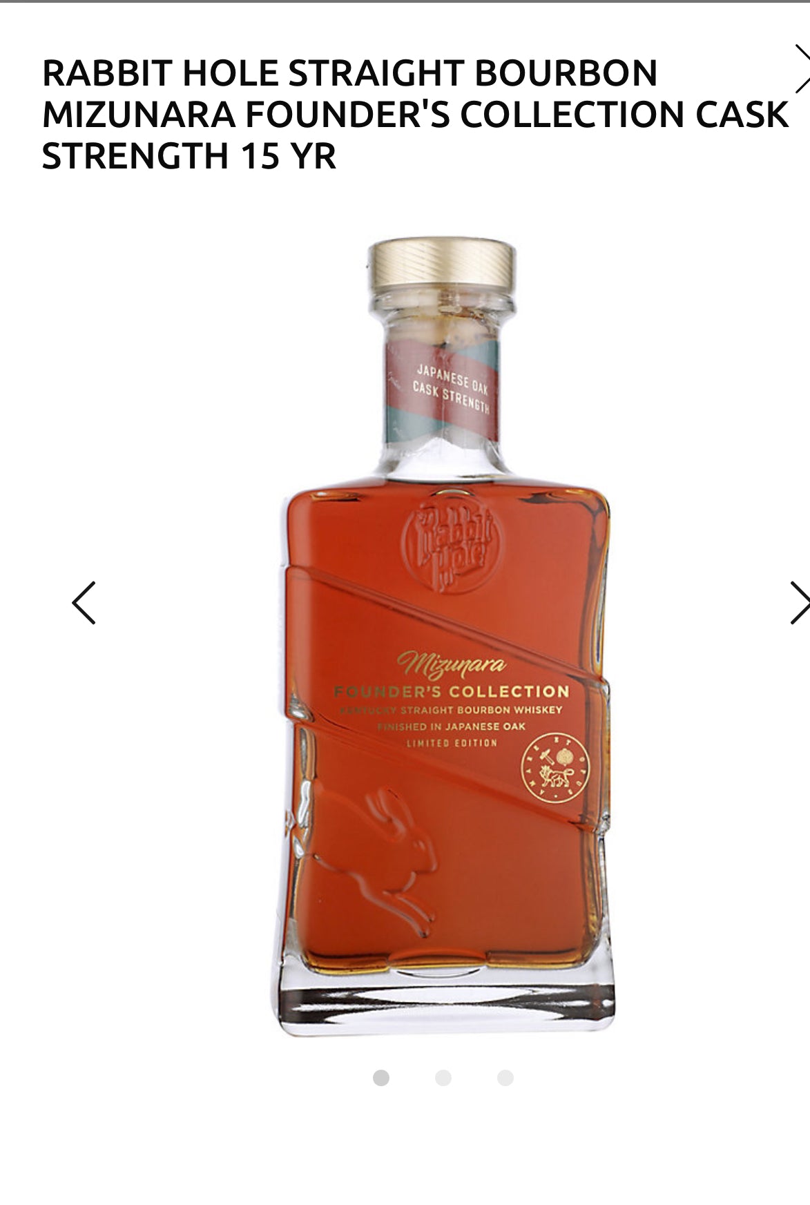 Rabbit Hole Straight Bourbon Mizunara Founder's Collection Cask Strength 15 Yr 103.8