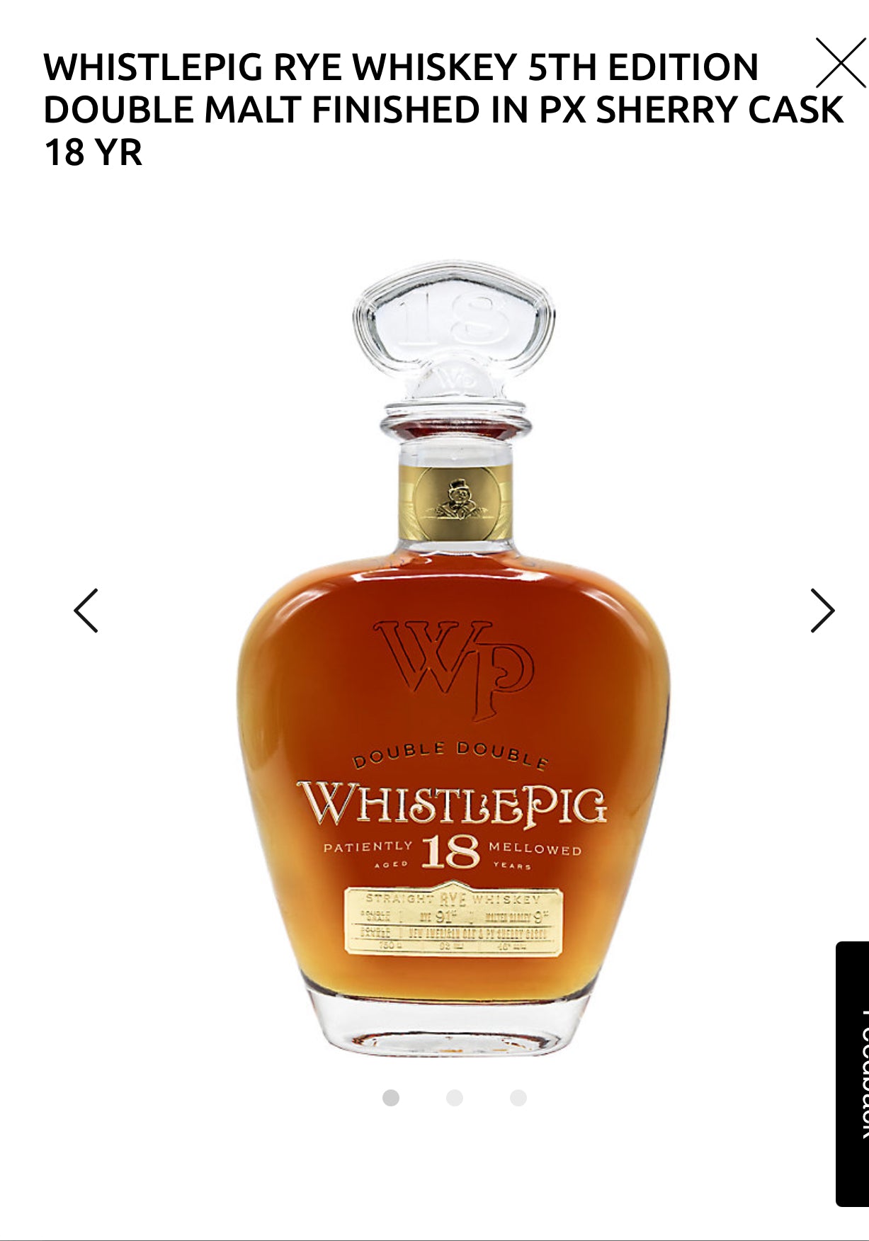 Whistlepig Rye Whiskey 5th Edition Double Malt Finished In Px Sherry Cask 18 Yr 92