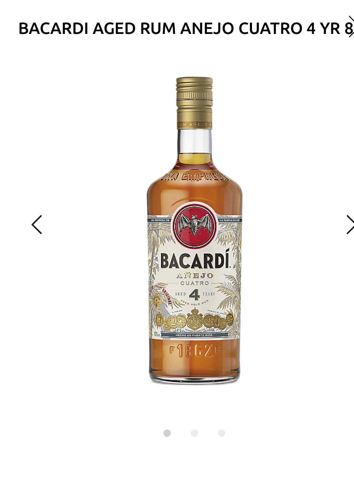 Bacardi Aged Rum Anejo Cuatro 4 Yr 80 1L