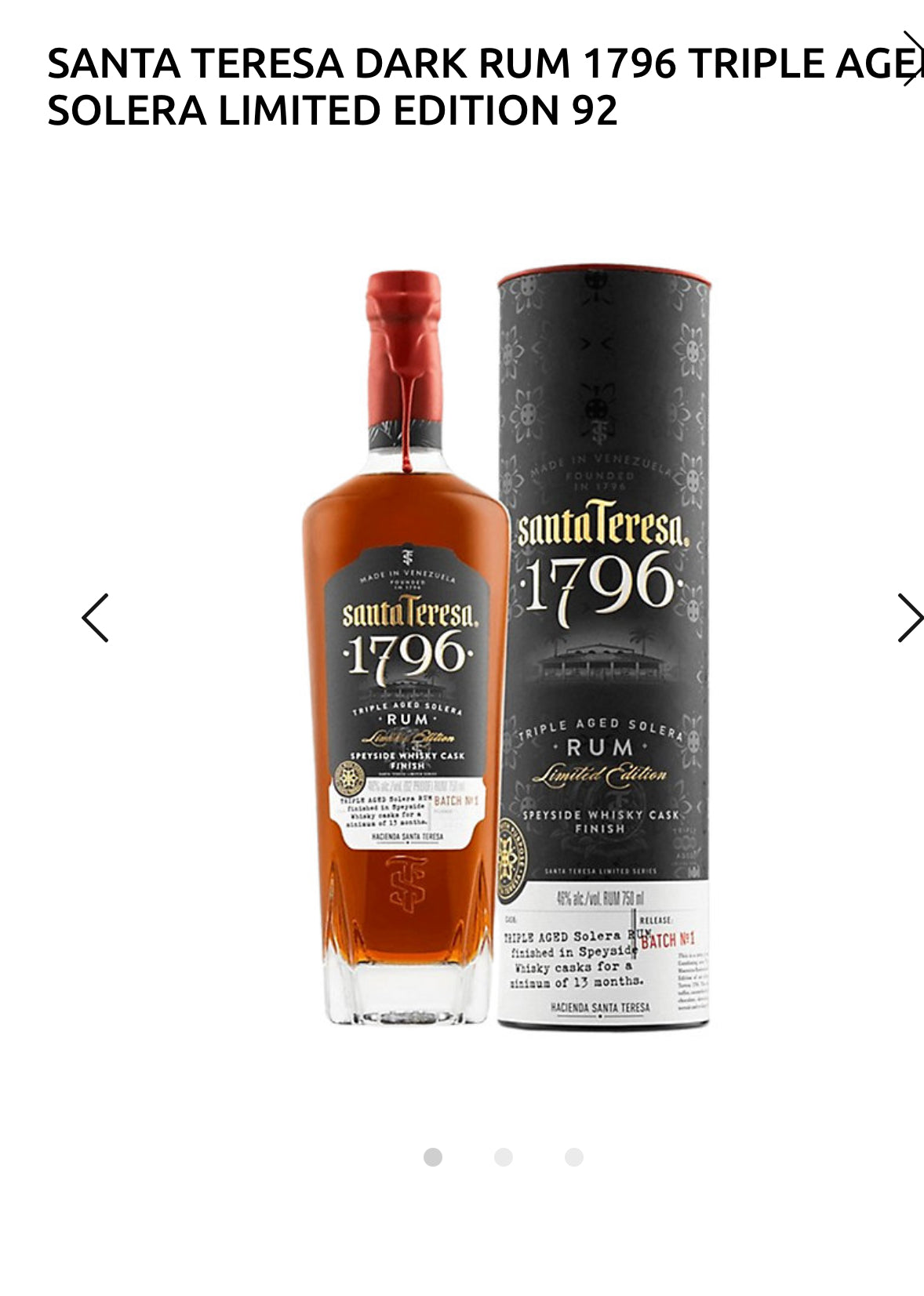 Santa Teresa Dark Rum 1796 Triple Aged Solera Limited Edition 92