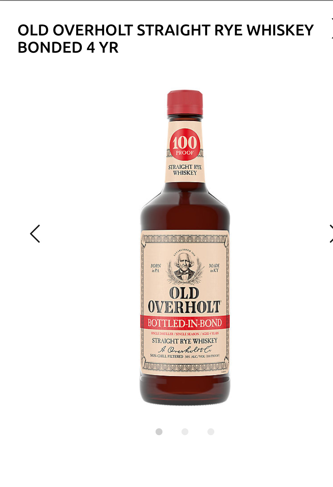 Old Overholt Straight Rye Whiskey Bonded 4 Yr 100 1L