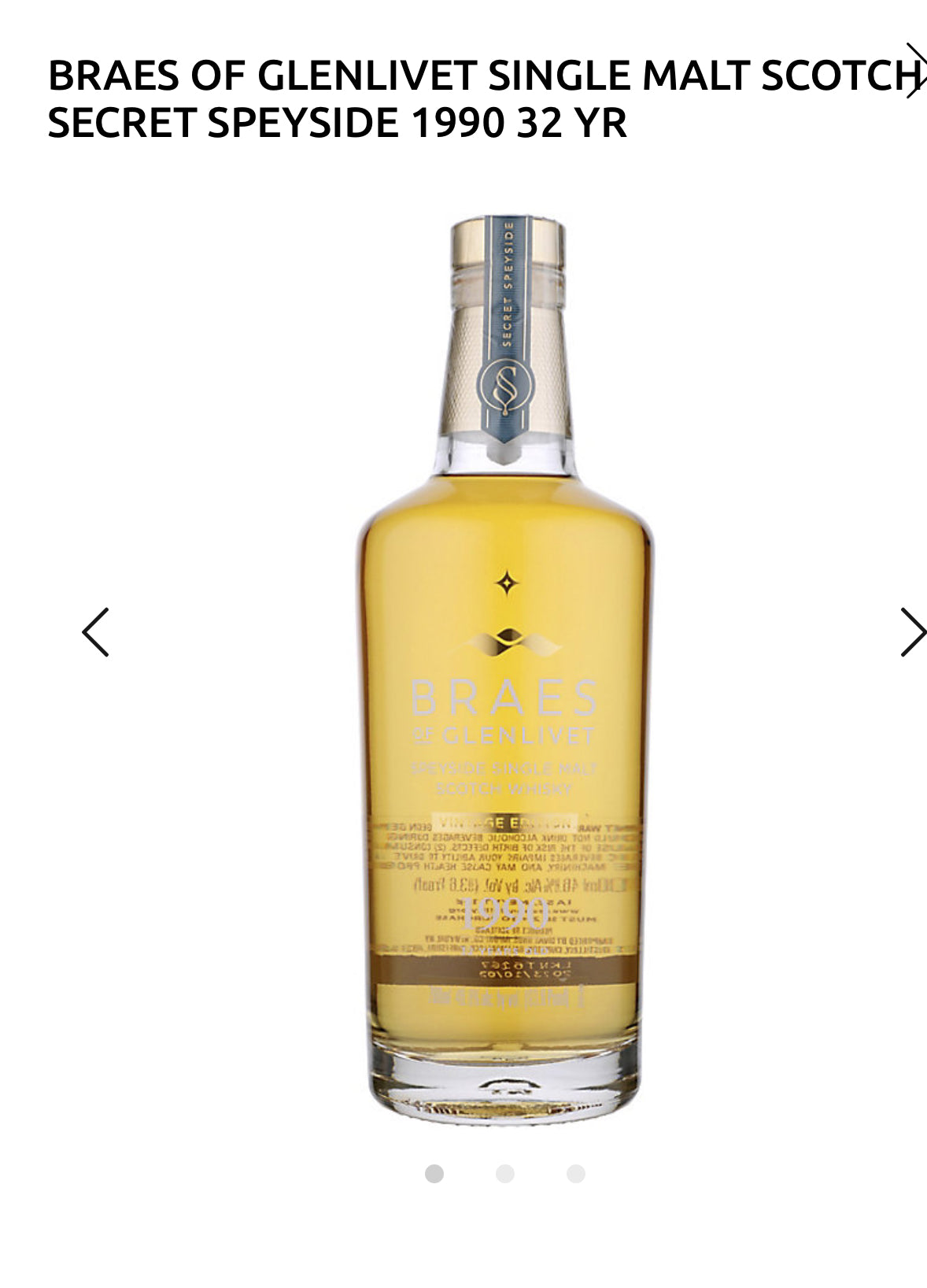 Braes Of Glenlivet Single Malt Scotch Secret Speyside 1990 32 Yr 93.6