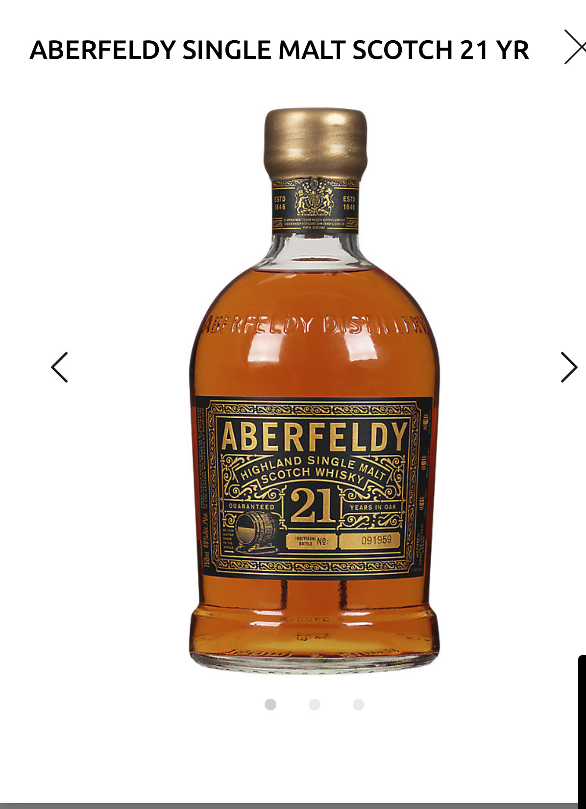 Aberfeldy Single Malt Scotch Whisky 21 Yr 80 W/ Gift Box