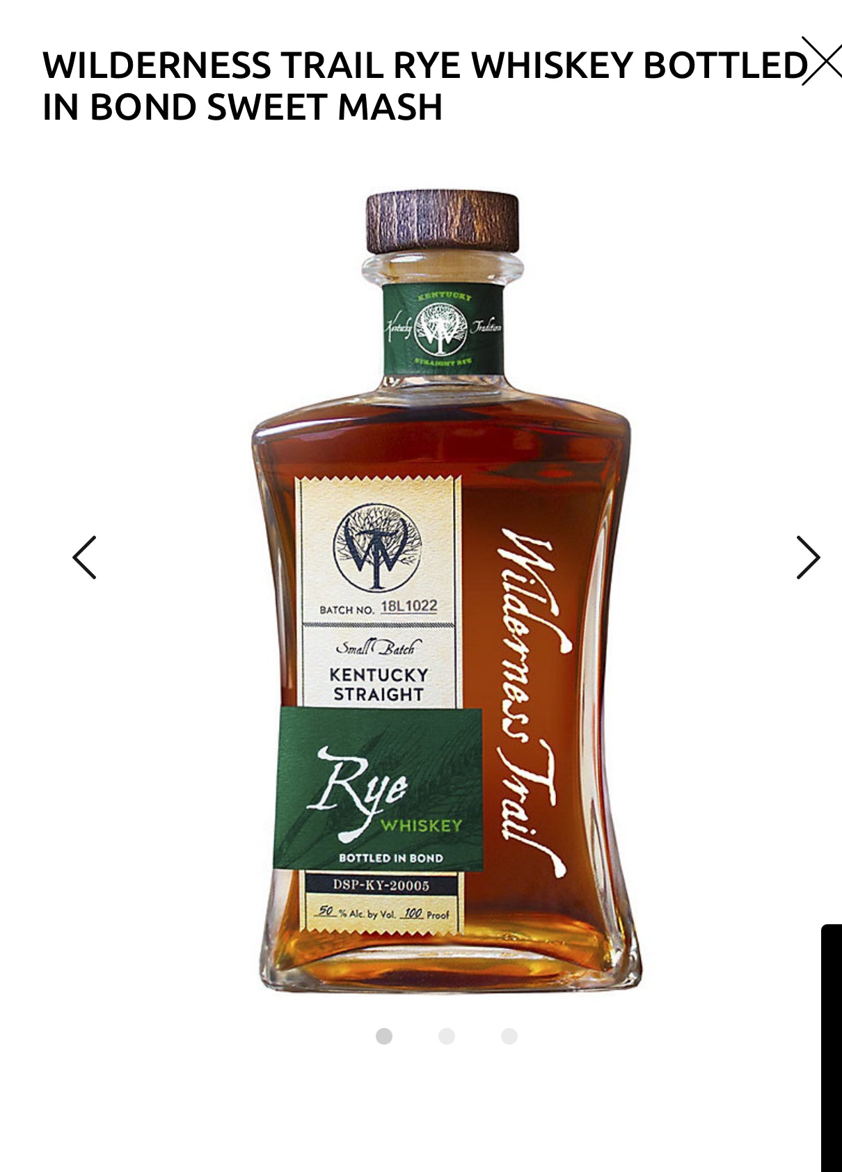 Wilderness Trail Straight Rye Whiskey Small Batch Bottled In Bond Sweet Mash 100