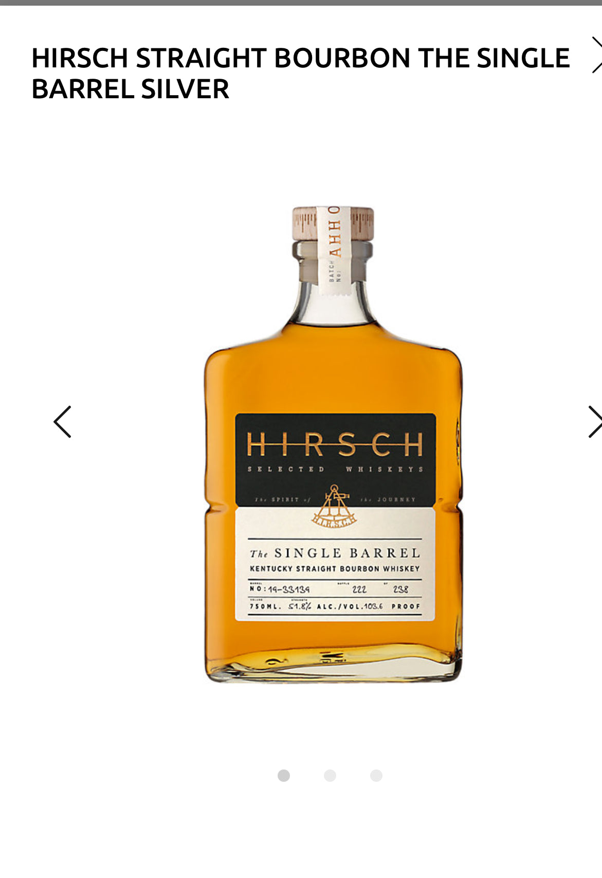 Hirsch Straight Bourbon The Single Barrel White 104