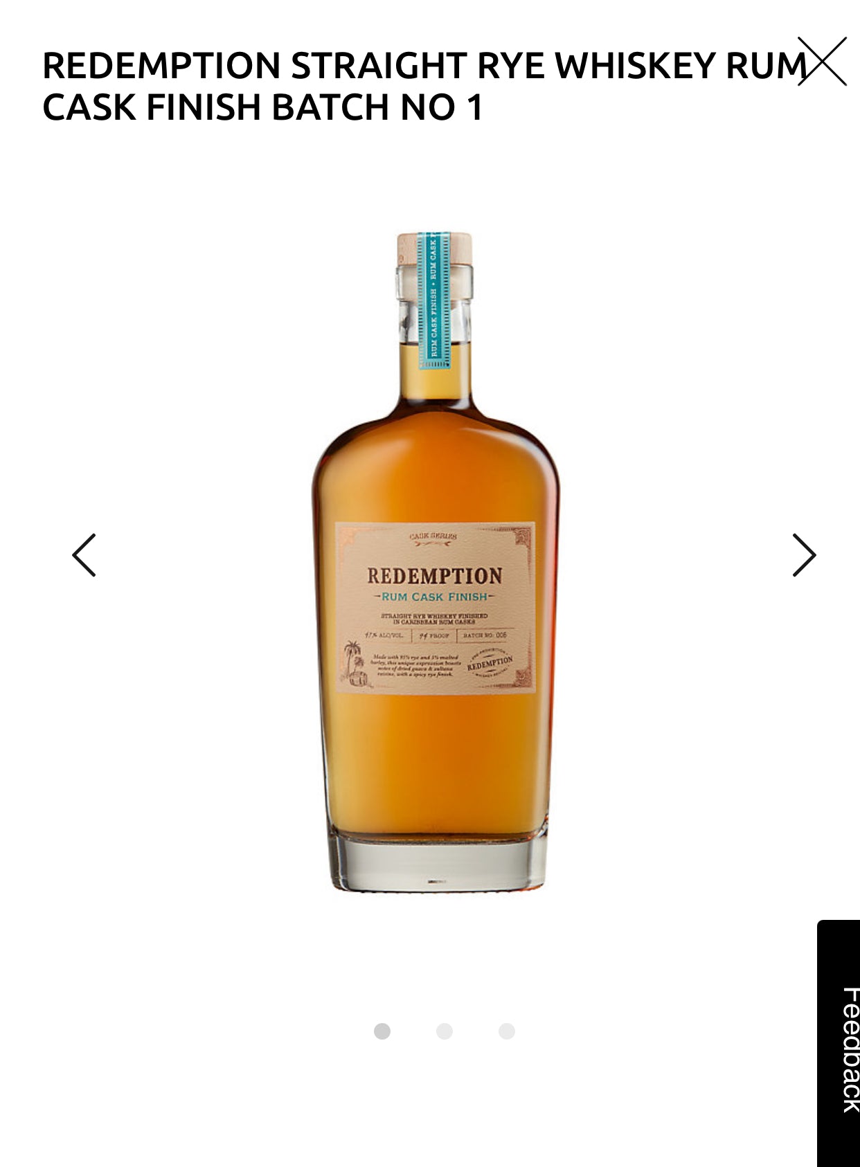 Redemption Straight Rye Whiskey Rum Cask Finish Batch No 1 94