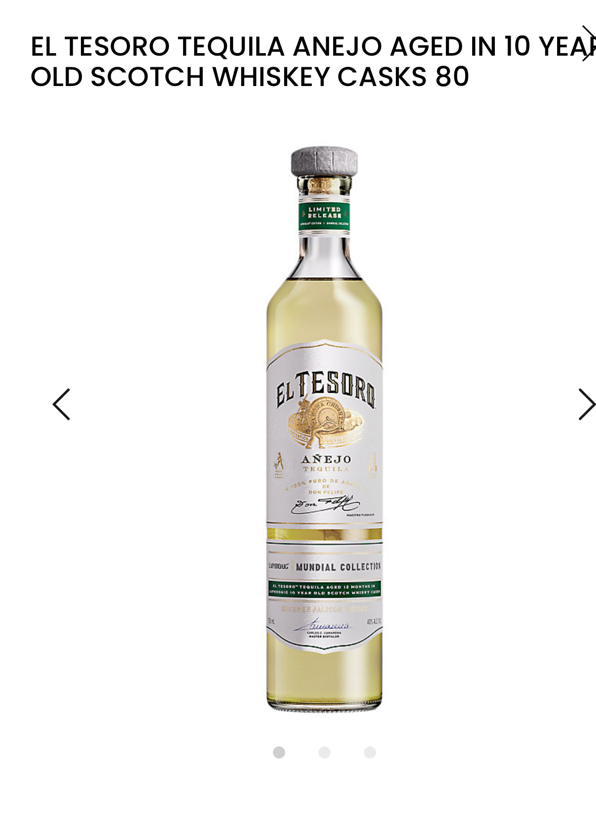 El Tesoro Tequila Anejo Mundial Collection Aged In Laphroaig 10 Year Old Scotch Whiskey Casks 80