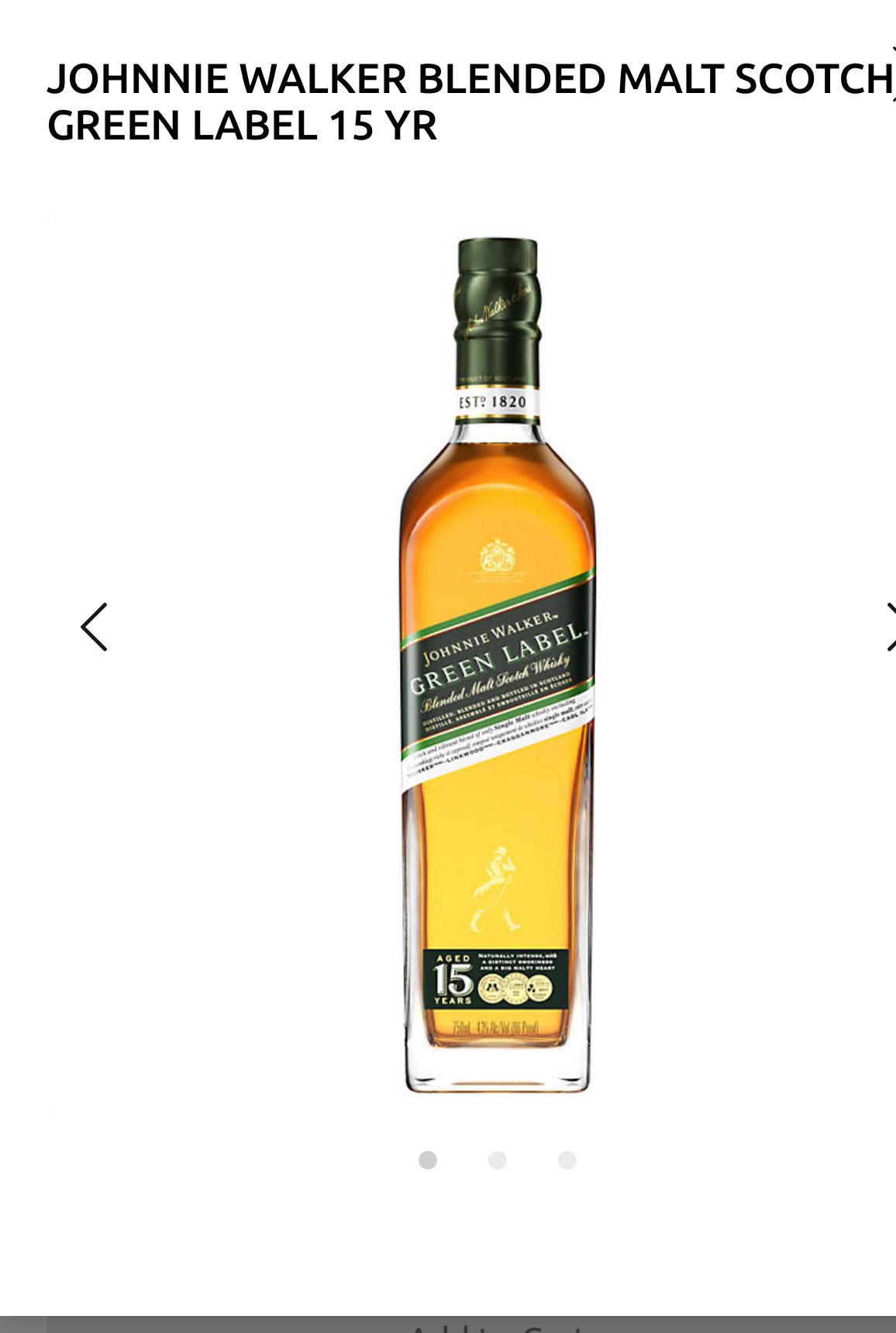 Johnnie Walker Blended Malt Scotch Green Label 15 Yr 86