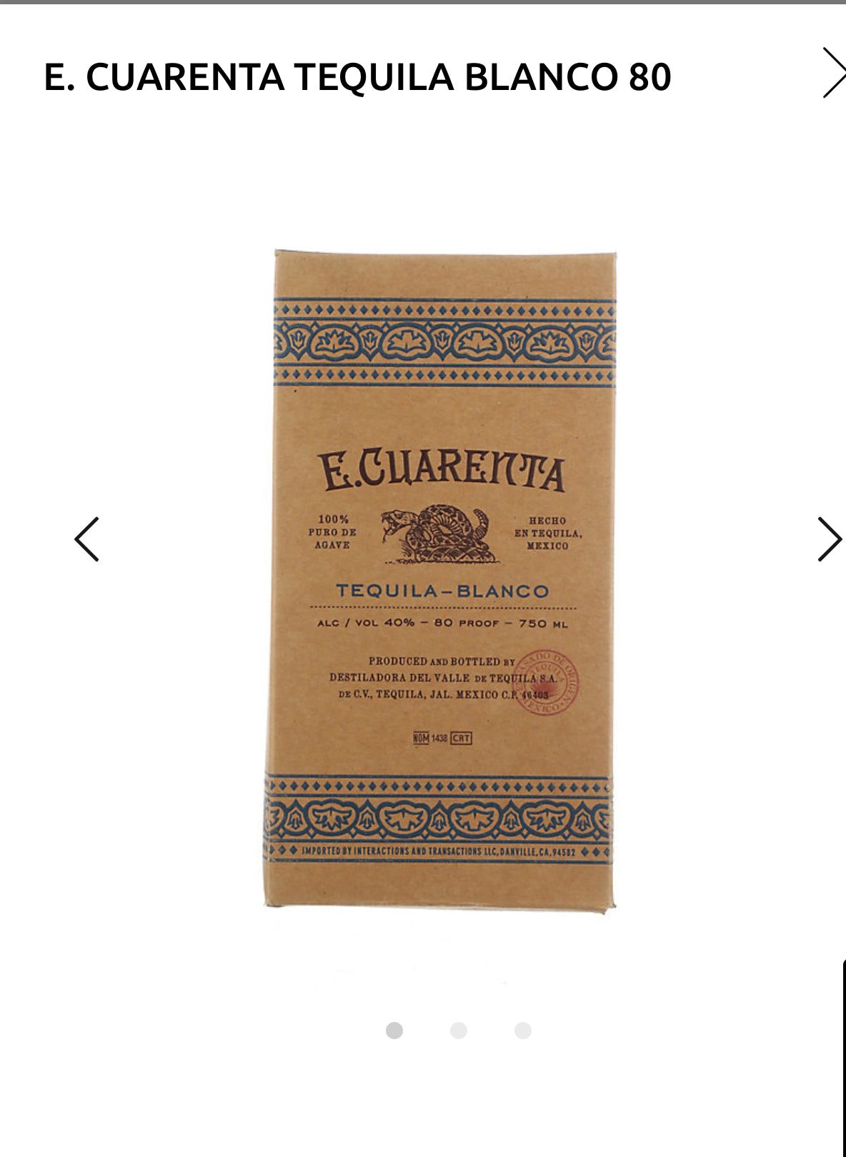 E. Cuarenta Tequila Blanco 80