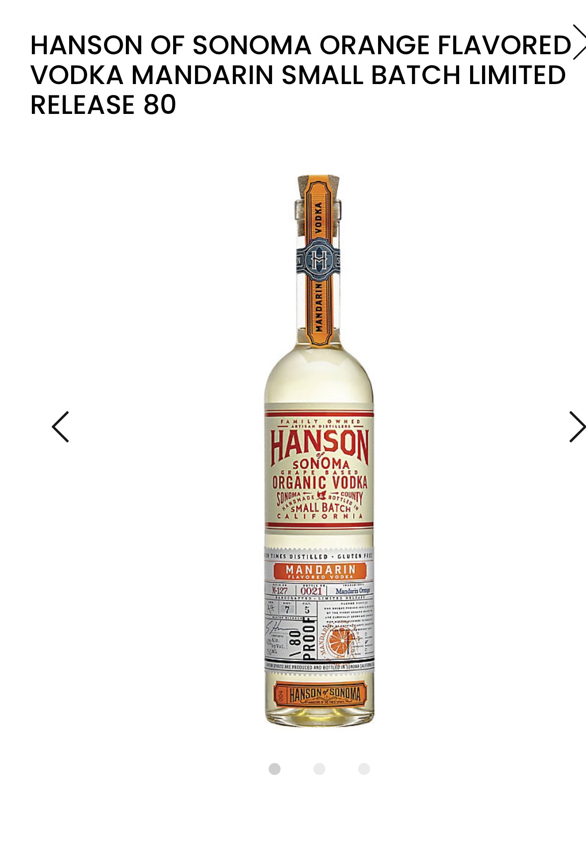 Hanson Of Sonoma Mandarin Flavored Vodka Small Batch 80