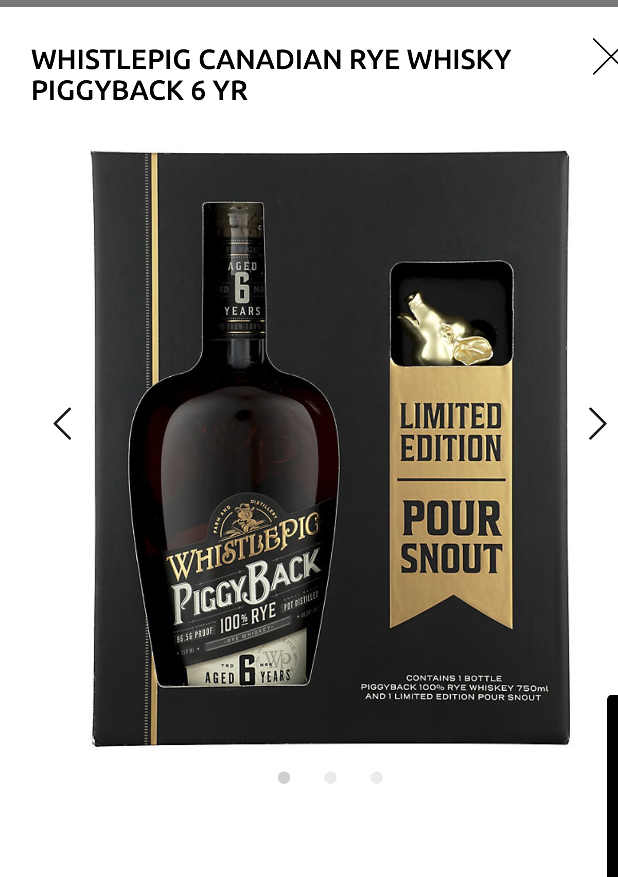 Whistlepig Rye Whiskey Piggyback 6 Yr W/ Pour 96.56