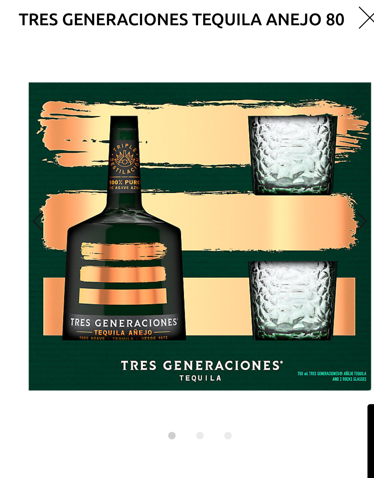Tres Generaciones Tequila Anejo 80 W/ 2 Rocks Glasses