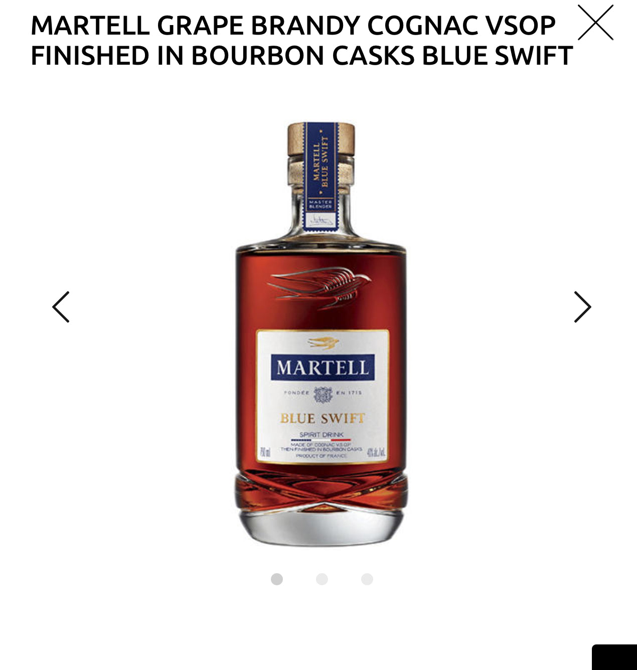 MARTELL GRAPE BRANDY COGNAC VSOP FINISHED IN BOURBON CASKS BLUE SWIFT