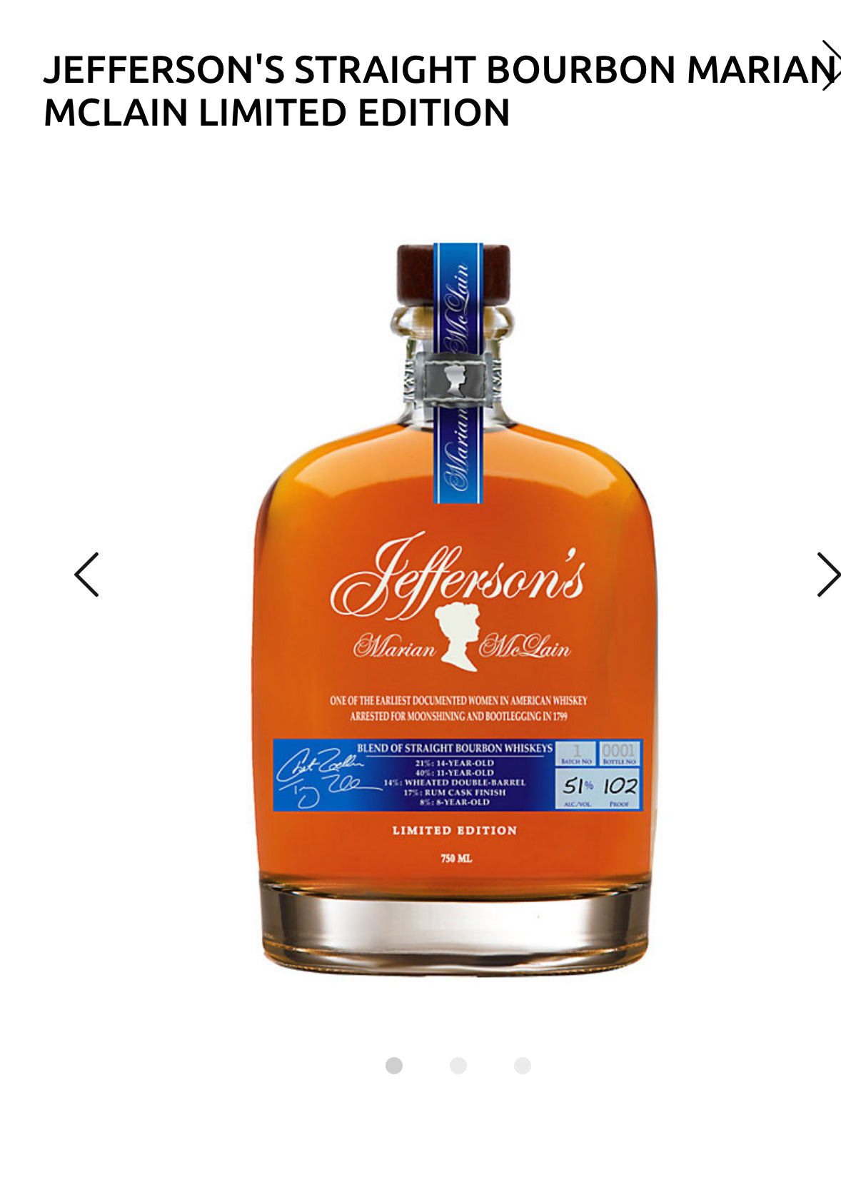 Jefferson's Blend Of Straight Bourbon Marian Mclain Limited Edition 102