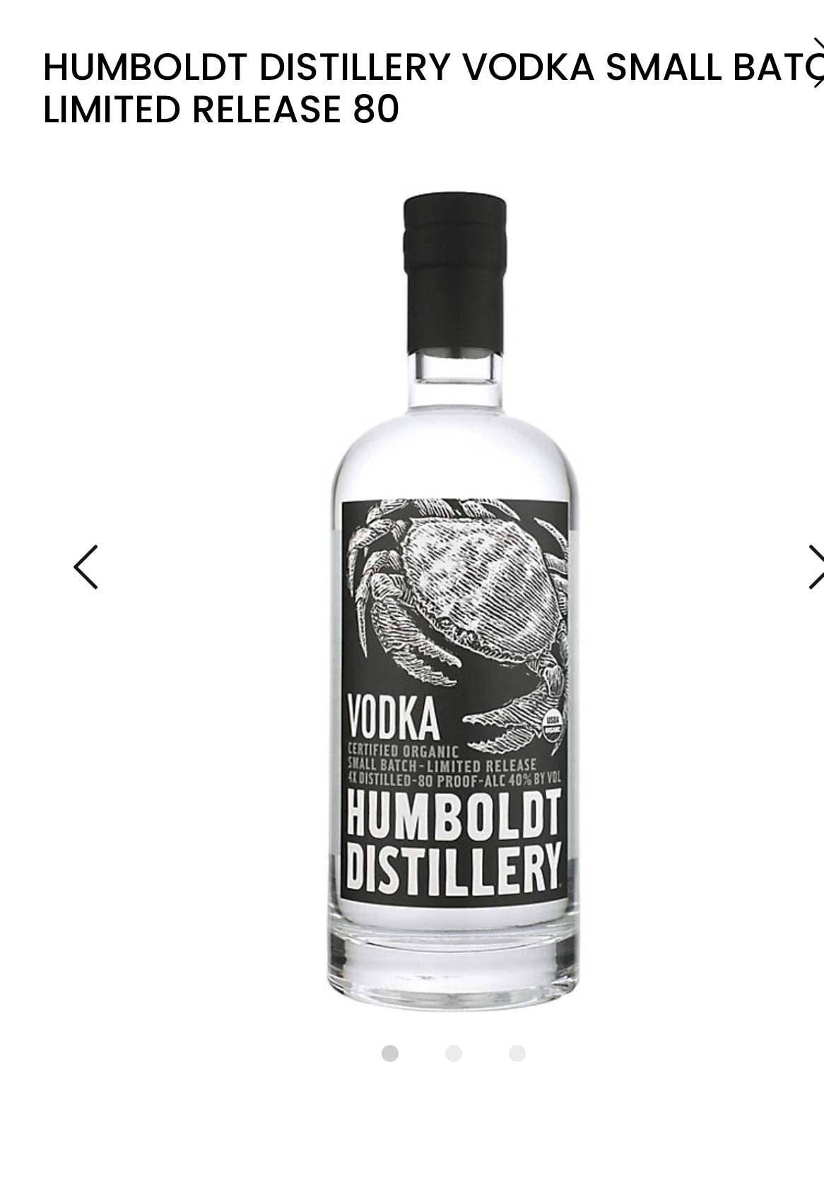 Humboldt Distillery Vodka Small Batch Limited Release 80