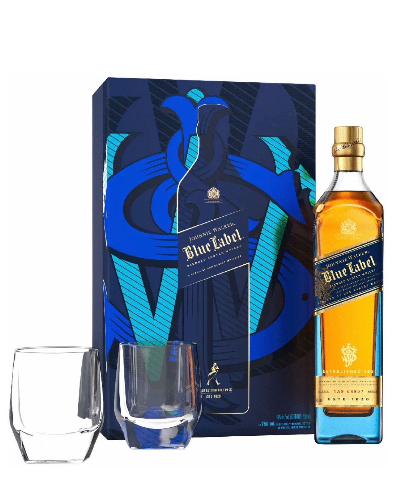 Johnnie Walker Blue Scotch Gift Set With Two Crystal Glasses