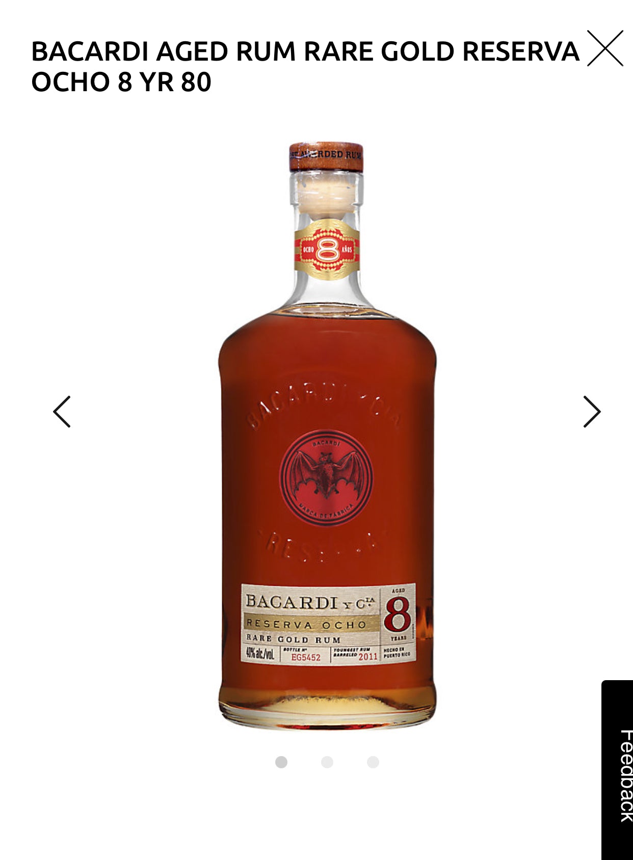 Bacardi Aged Rum Rare Gold Reserva Ocho 8 Yr 80 1L