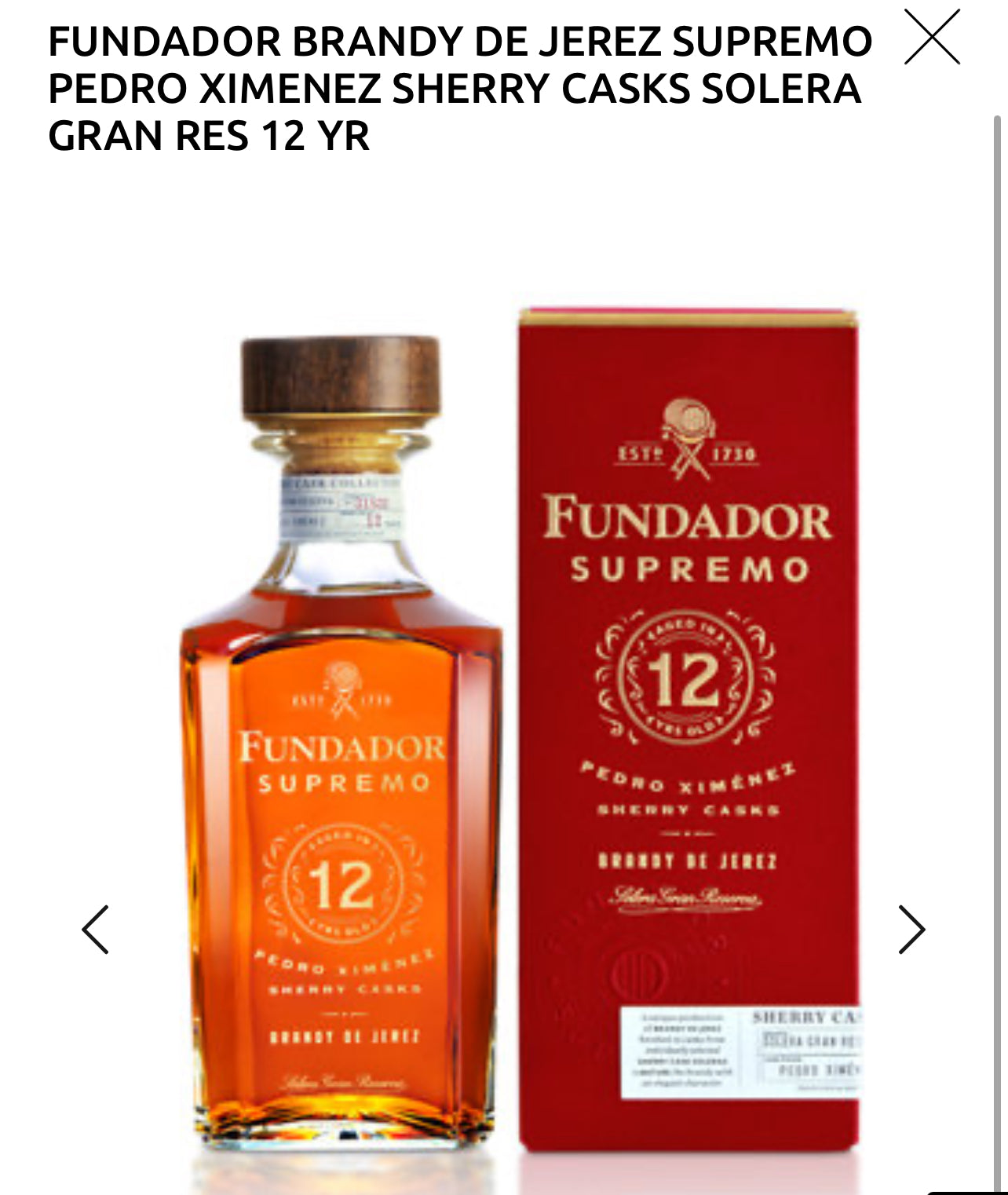 Fundador Brandy De Jerez Supremo Pedro Ximenez Sherry Casks Solera Gran Res 12 Yr 80
