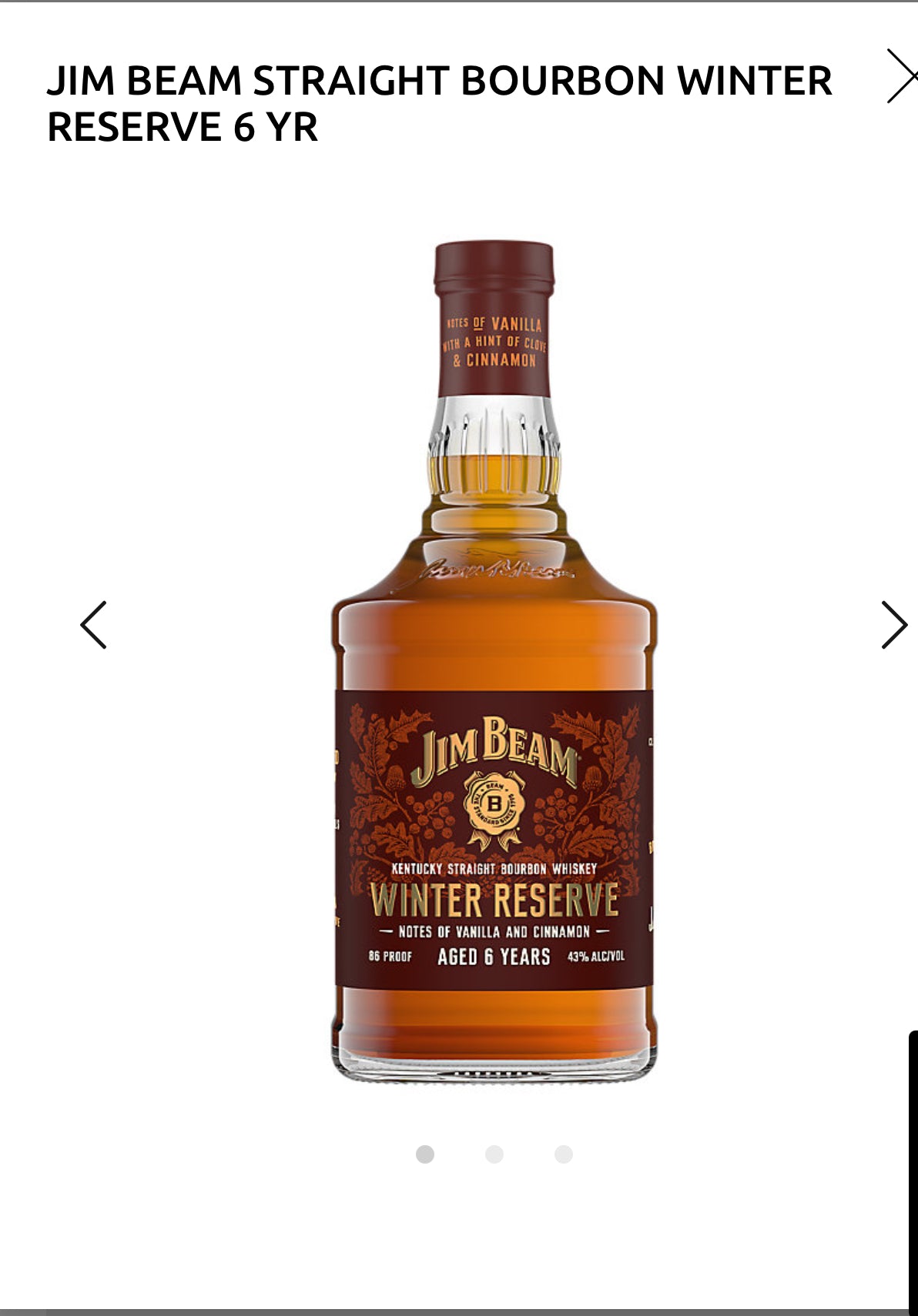 Jim Beam Straight Bourbon Winter Reserve 6 Yr 86