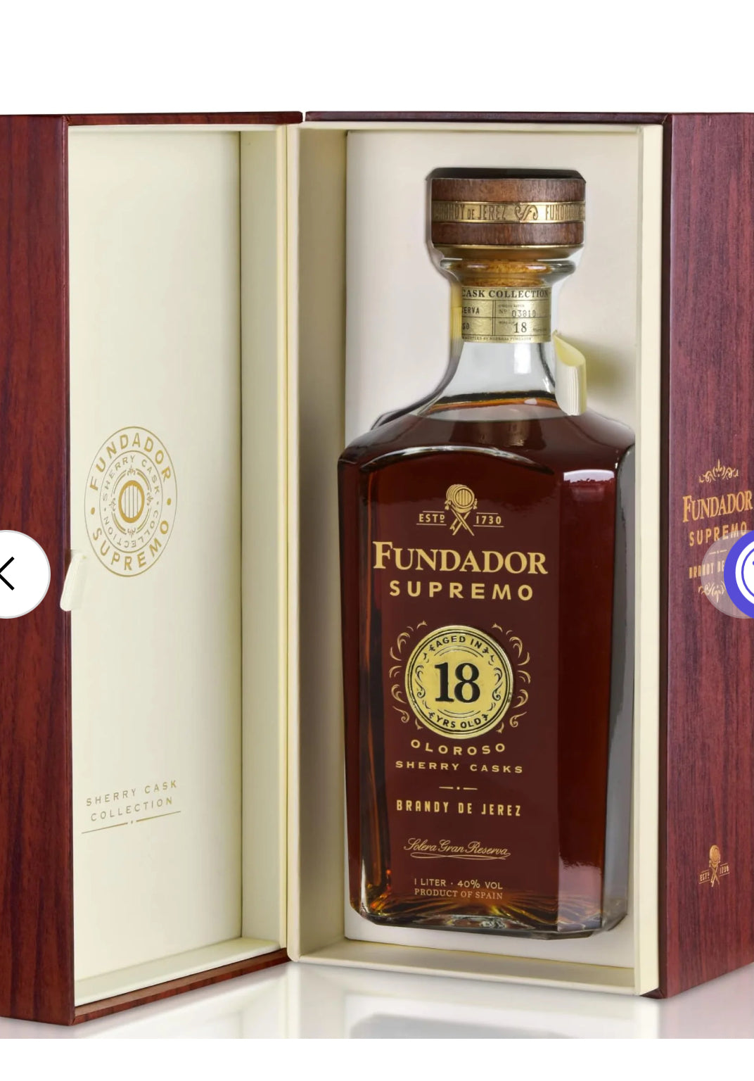 FUNDADOR BRANDY DE JEREZ SUPREMO OLOROSO SHERRY CASKS SOLERA GRAN RESERVA 18 YR