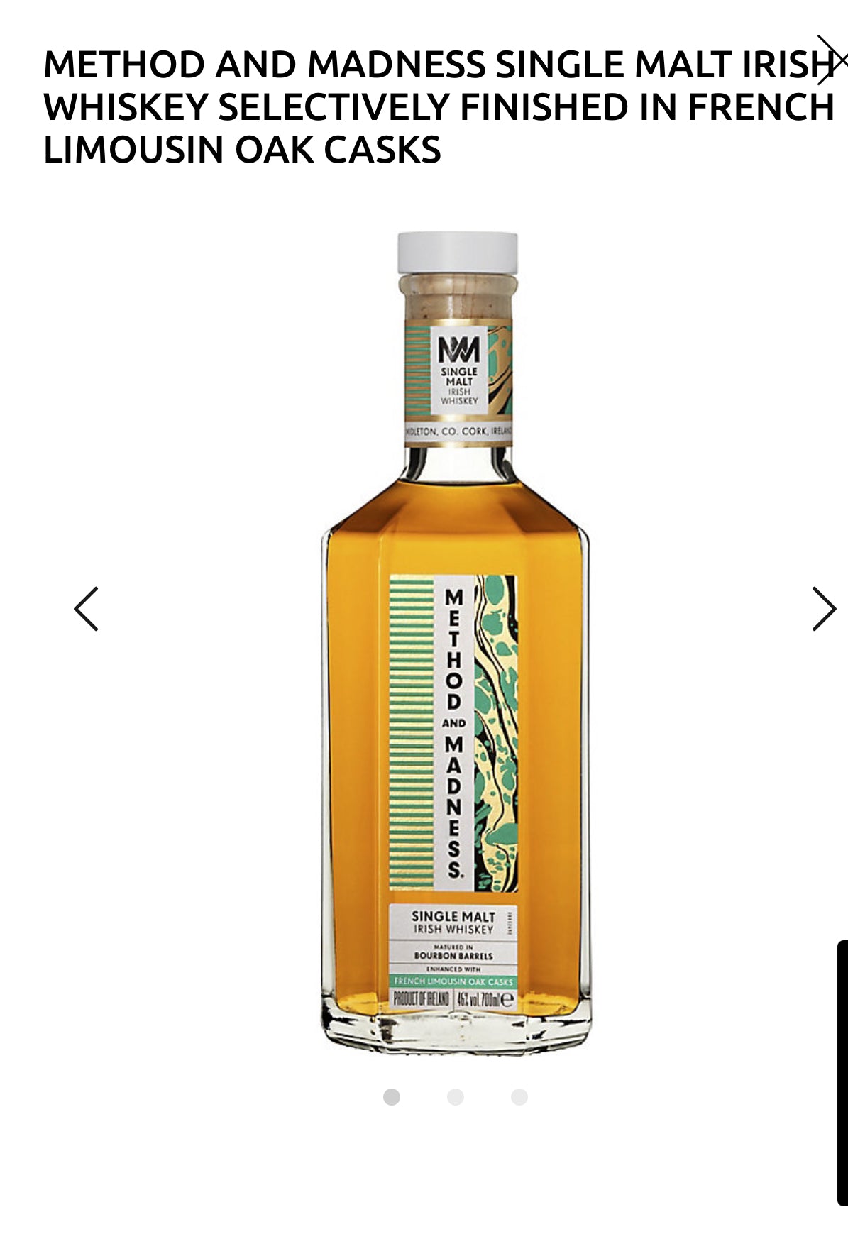 Method And Madness Single Malt Irish Whiskey Selectively Finished In French Limousin Oak Casks 92