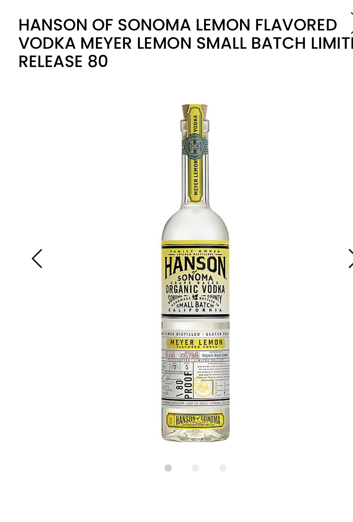 Hanson Of Sonoma Meyer Lemon Flavored Vodka Small Batch Limited Release 80